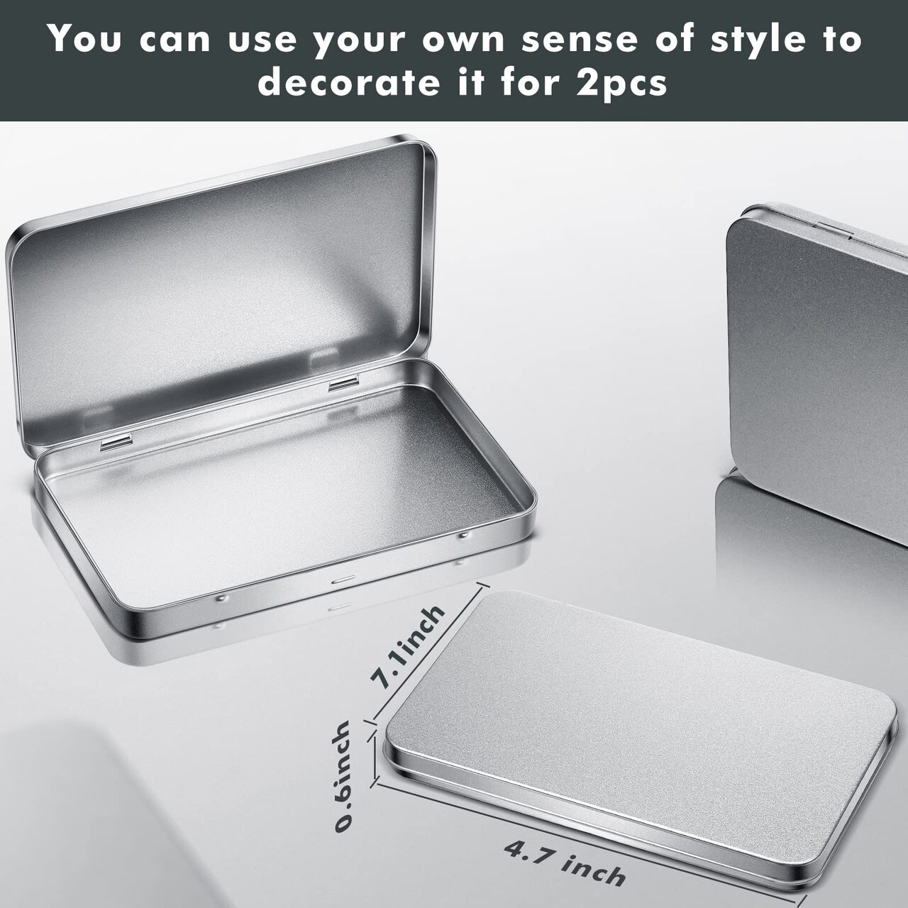 2 Pieces Metal Rectangular Tin Metal Hinged Lid Tin Metal Empty Box Container Silver Rectangular Storage Tin Box with Lid for Watercolor Jewelry Makeup Pill Candy Craft Organize (2 Pieces)